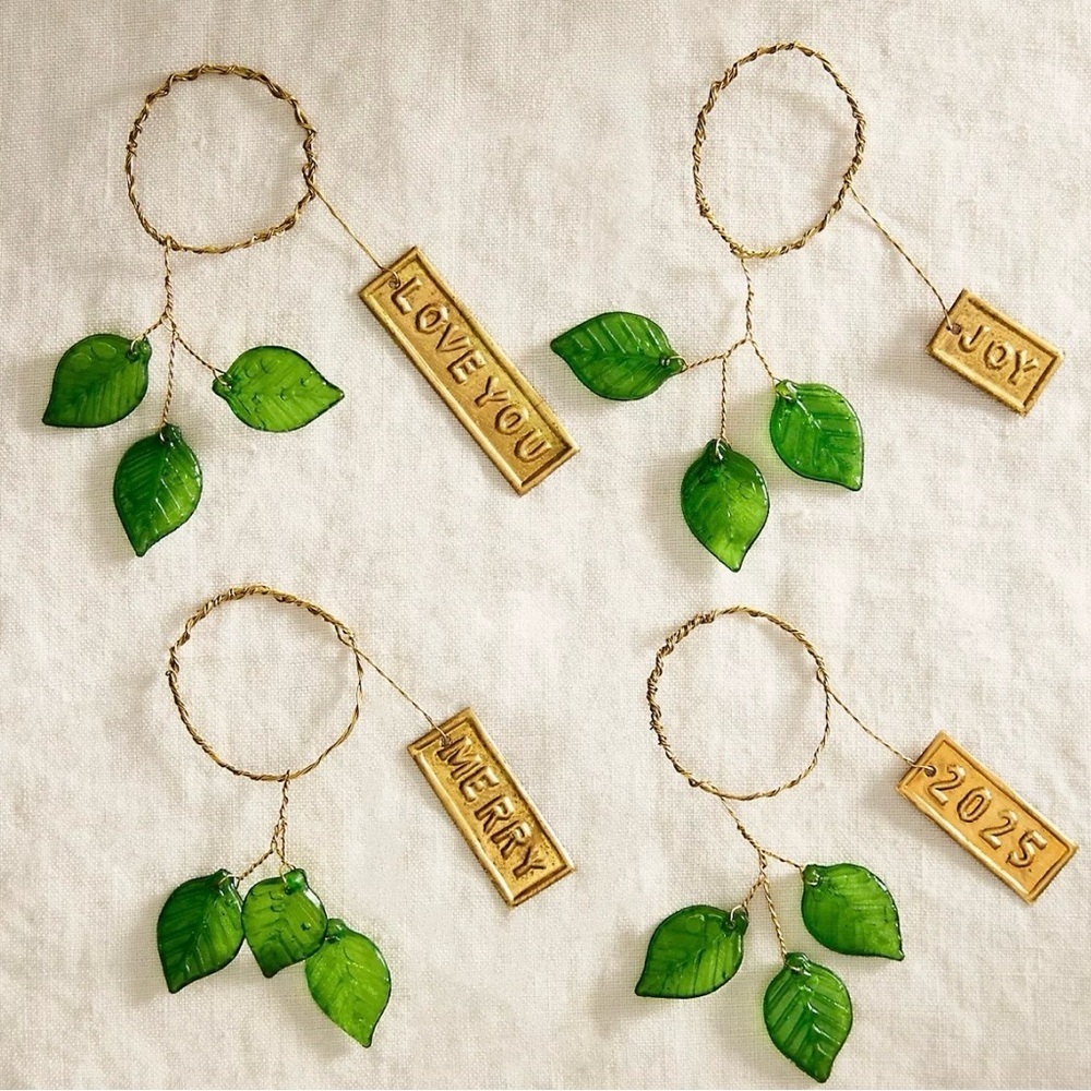 Anthropologie x Terrain Set Of 4 Ornament Charms, Brass Tags, Green Leaves, Msgs - Picture 2 of 4